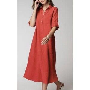 J.Jill Red Cotton Gauze Popover Shirt Dress Size S Roll Tab Sleeve 100% Cotton